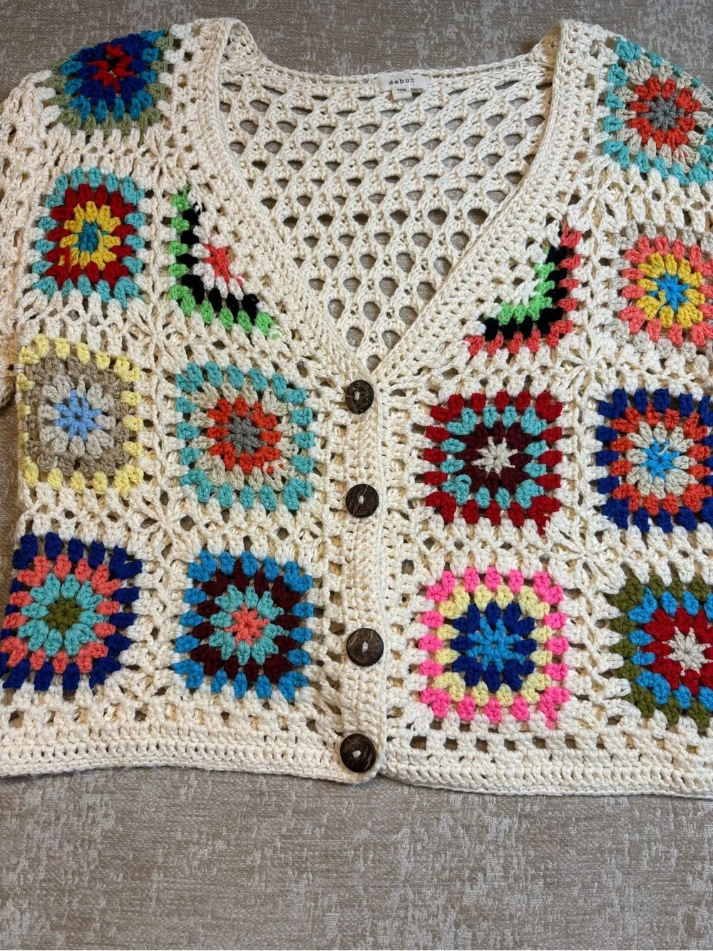 DEBUT Crochet Granny Square Cardigan Sweater Boho Cottagecore Patchwork Medium